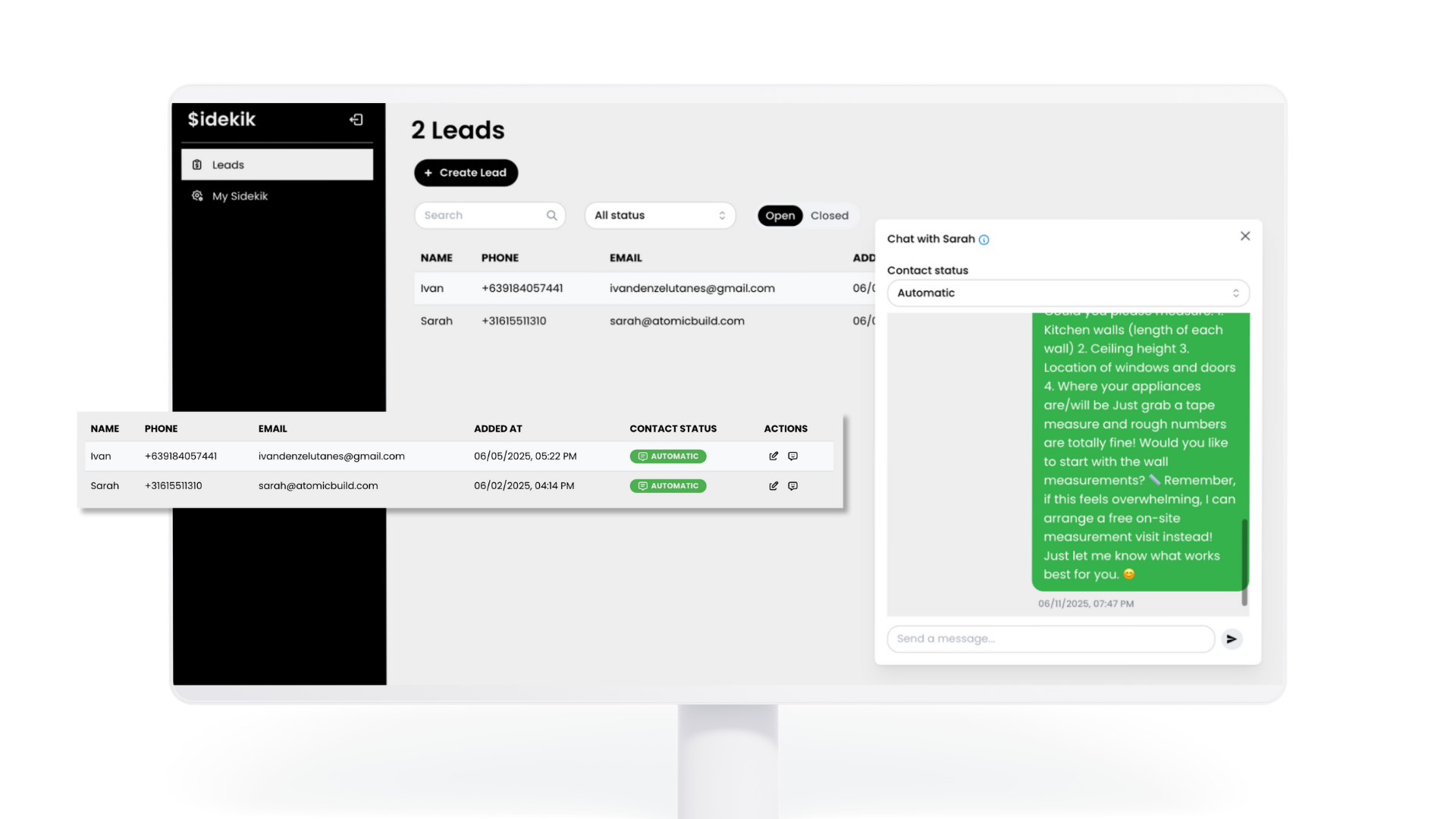 Sidekik Dashboard Preview showing leads management interface